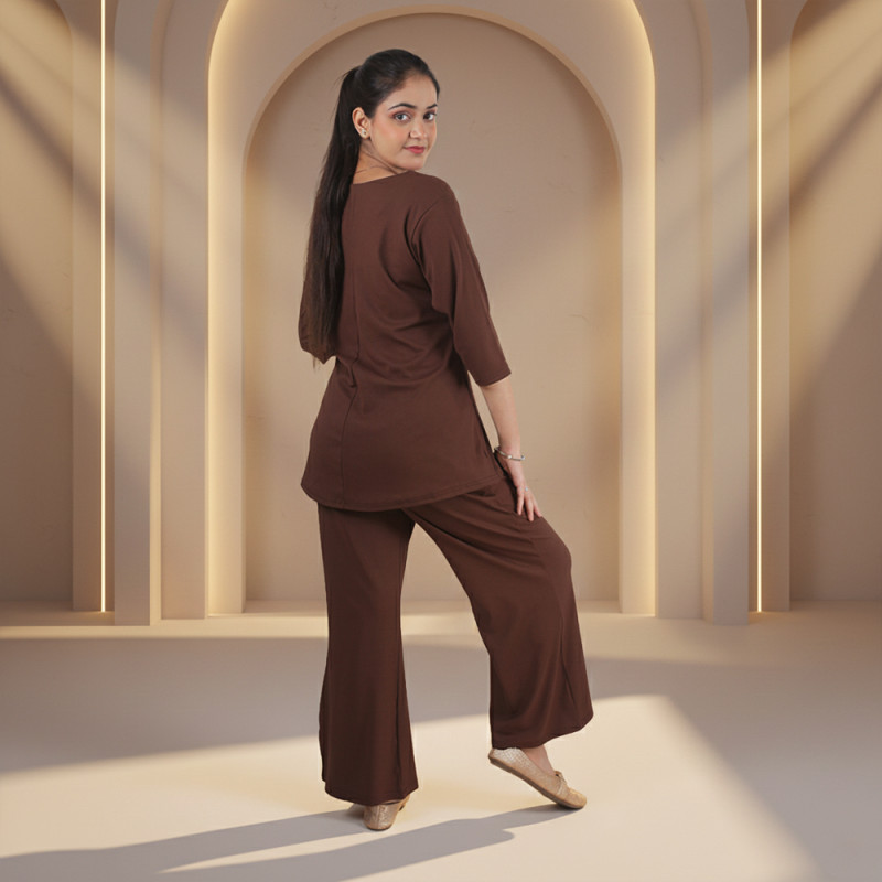 Pink Shell Elegant Women Solid Brown Co-Ord Set for Casual & Office Wear