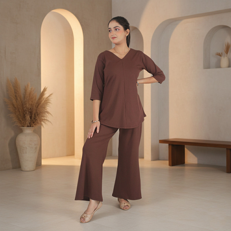 Pink Shell Elegant Women Solid Brown Co-Ord Set for Casual & Office Wear