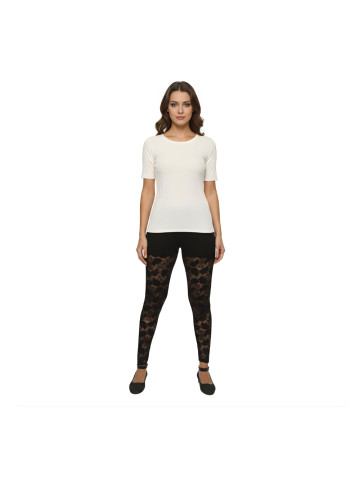 Pink Shell Women’s Cotton Lace Pattern Leggings – Black