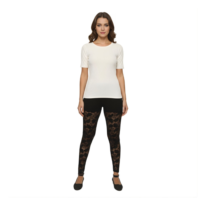 Pink Shell Women’s Cotton Lace Pattern Leggings – Black