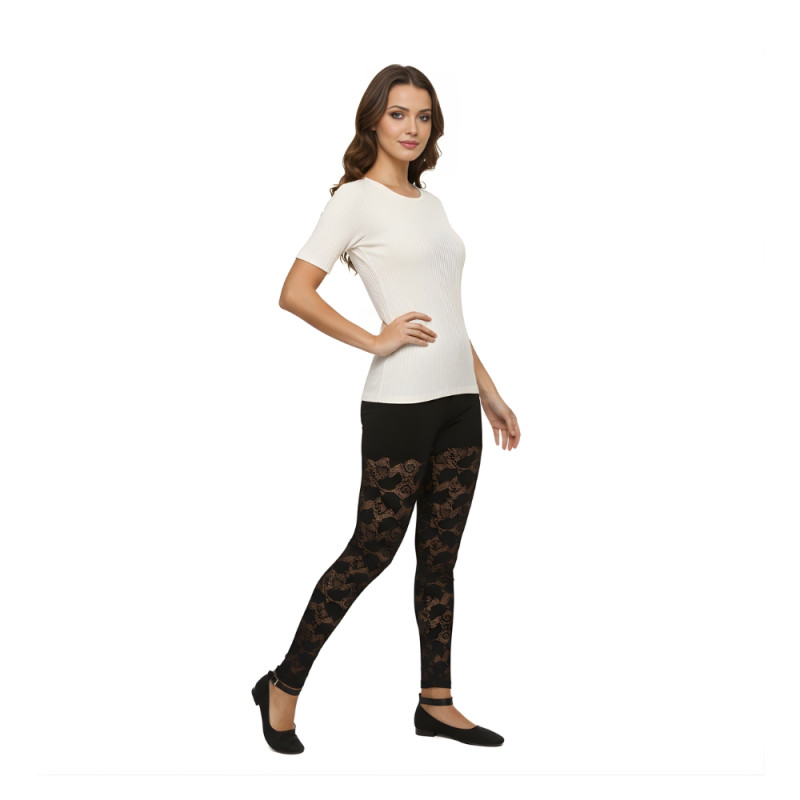 Pink Shell Women’s Cotton Lace Pattern Leggings – Black