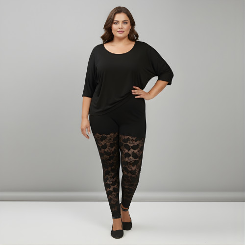Pink Shell Women’s Plus Size Cotton Lace Pattern Leggings – Black