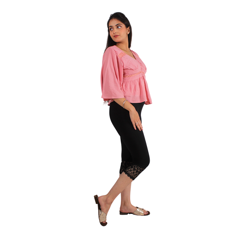 Pink Shell Black Embroidered Lace Capri