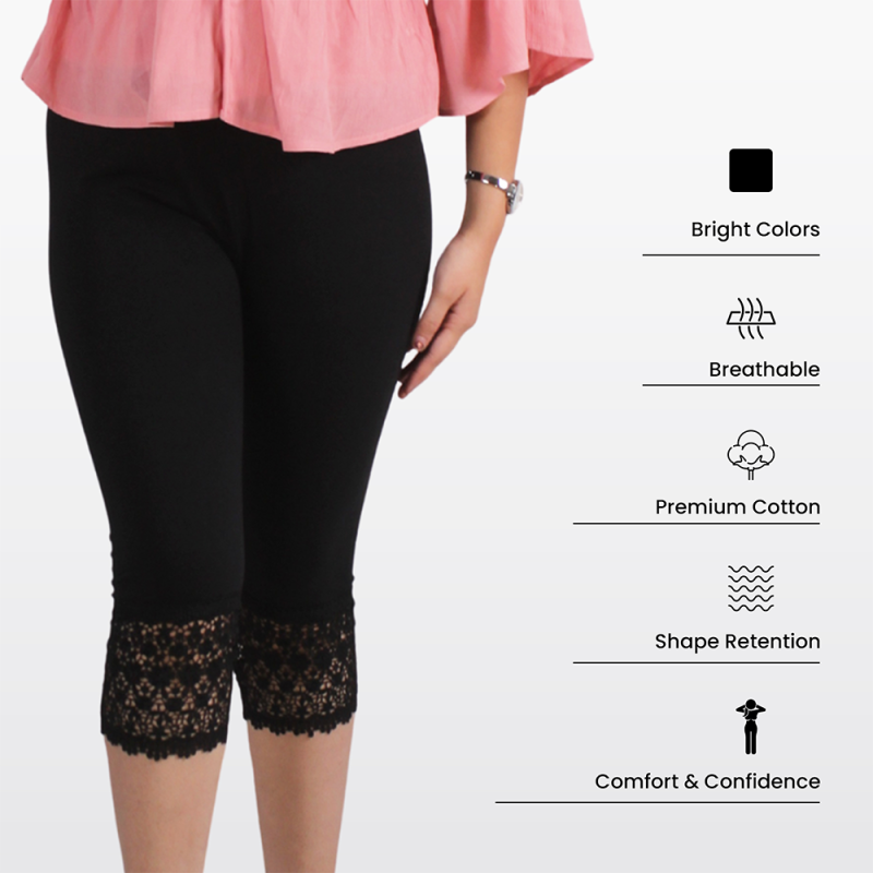 Pink Shell Black Embroidered Lace Capri