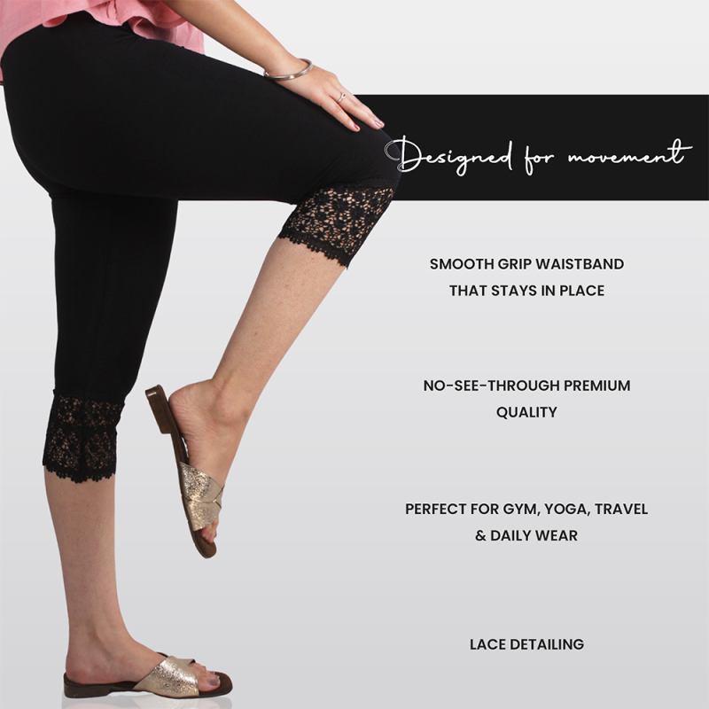 Pink Shell Black Embroidered Lace Capri