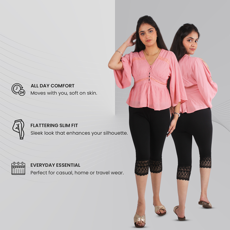 Pink Shell Black Embroidered Lace Capri
