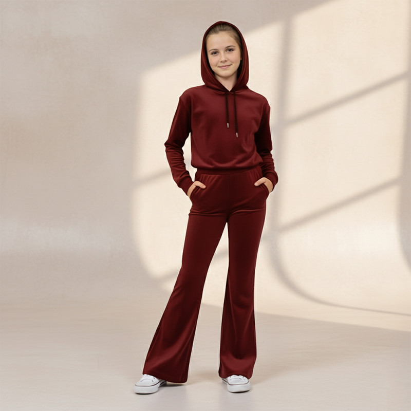 Pink Shell Girls Winter Wear Solid Maroon Hoodie Pant Set